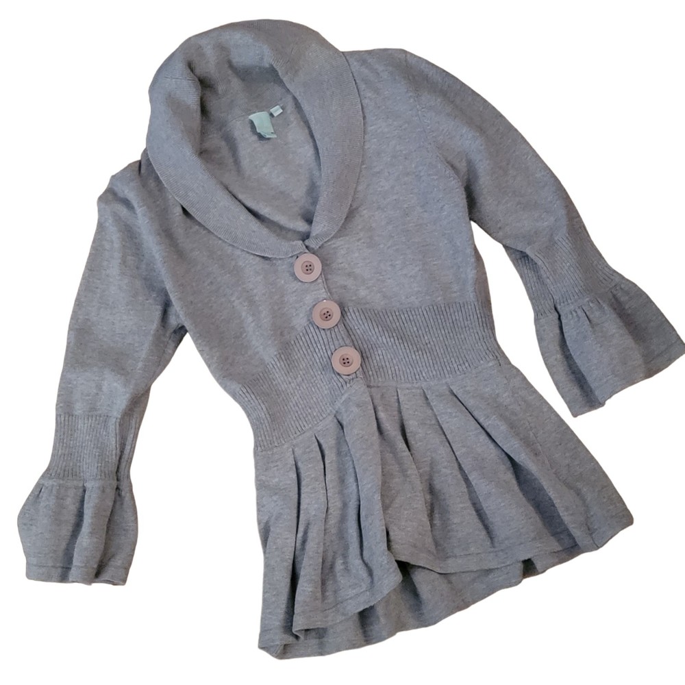 Shu Shu Womens Gray Knitted Long Sleeve Button Front Peplum Sweater Size Small